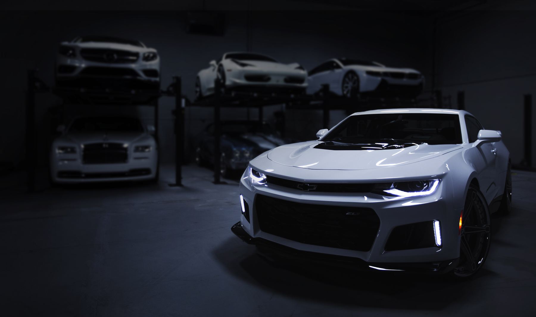 A white sports car in a dark, premium garage