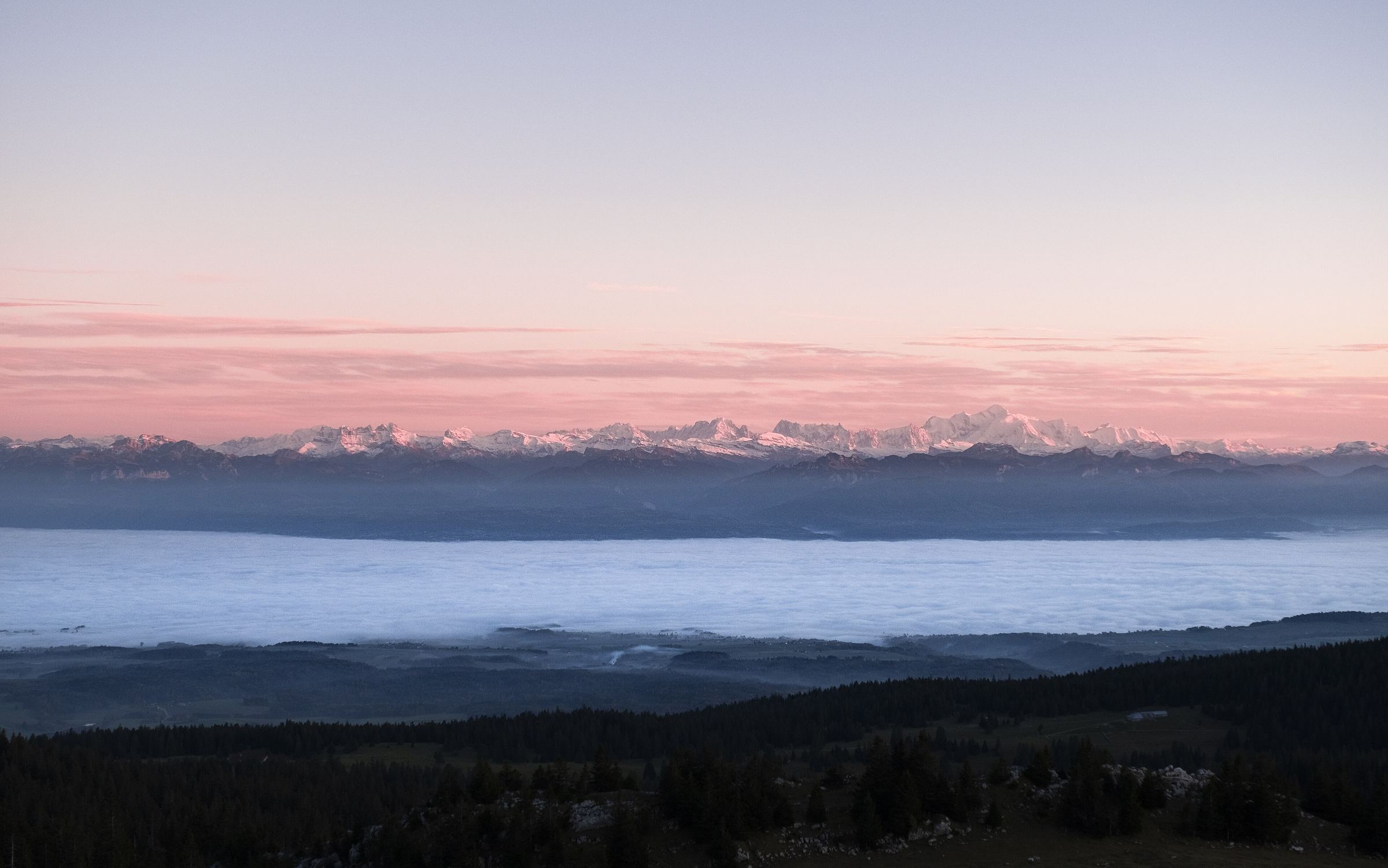 A sea of clouds over Lake Geneva at dawn, seen from the Jura